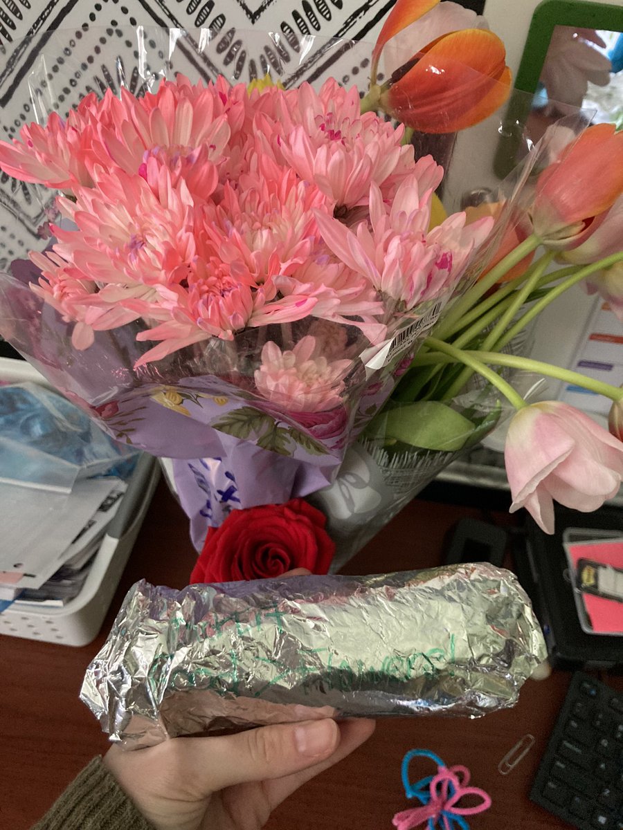 DietertCCE's tweet photo. I love how excited my kiddos get when they get to surprise me with their appreciation gifts! So many beautiful flowers today! And a breakfast taco for my second breakfast. 😂 
It says “Tacos > Flowers” https://t.co/yR2ti26zwp