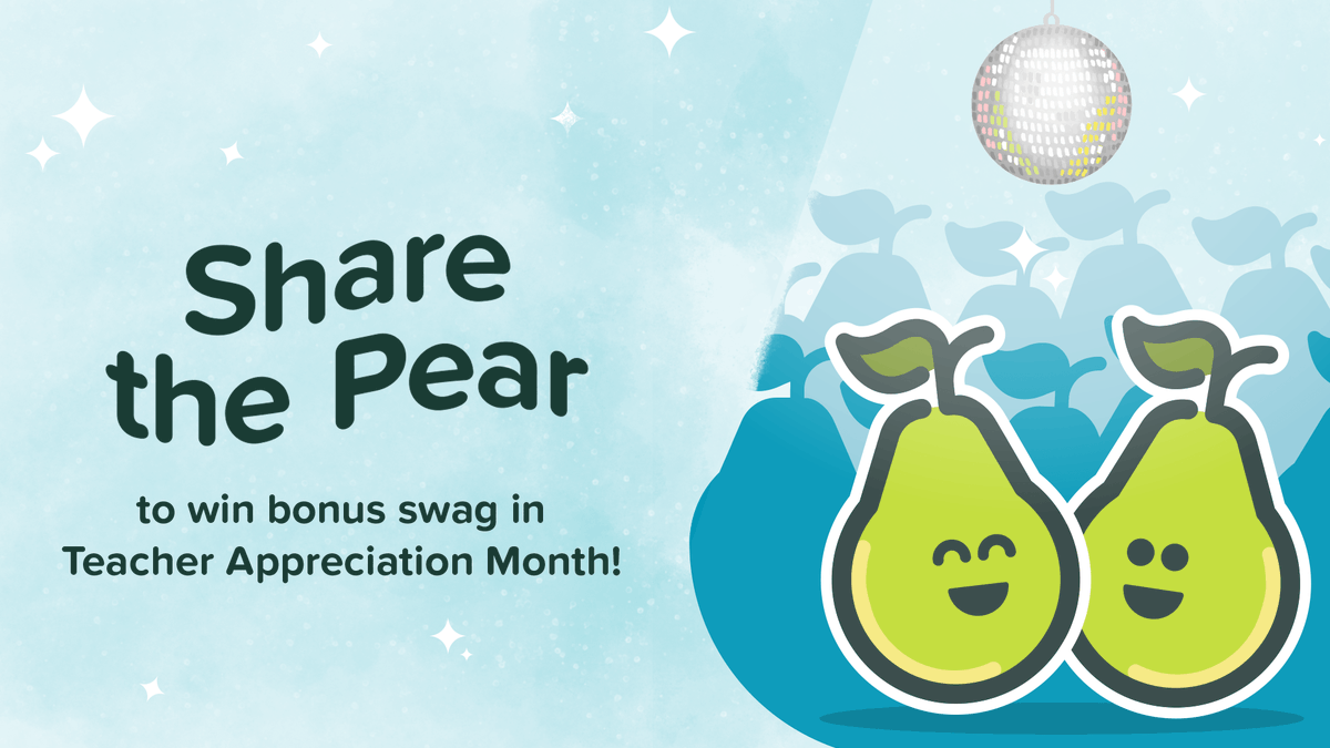 As part of our #TeacherAppreciationMonth celebration, teachers who #ShareThePear are getting some su-pear swag packs! 🎉

Start planning your PD session to get access to training Decks, Pear Deck Premium trial codes, customizable invites, and more! ✨ hubs.la/H0Mts-Z0