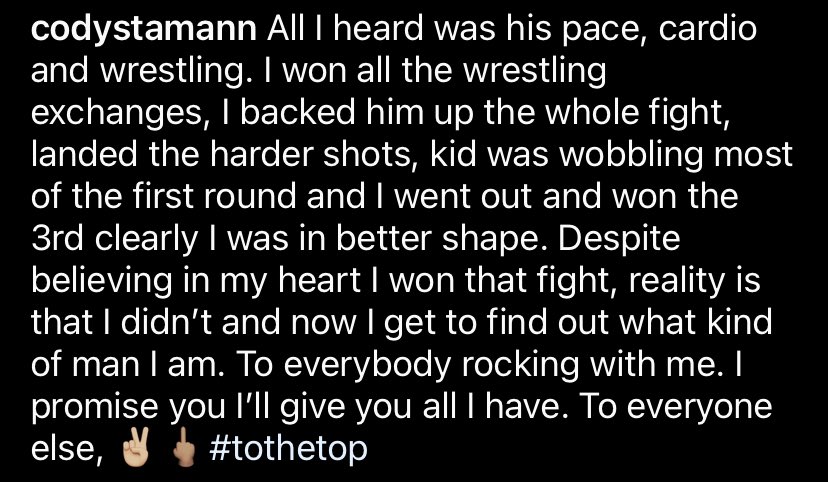 Cody Stamann’s response to his loss at #UFCVegas25, via his IG.