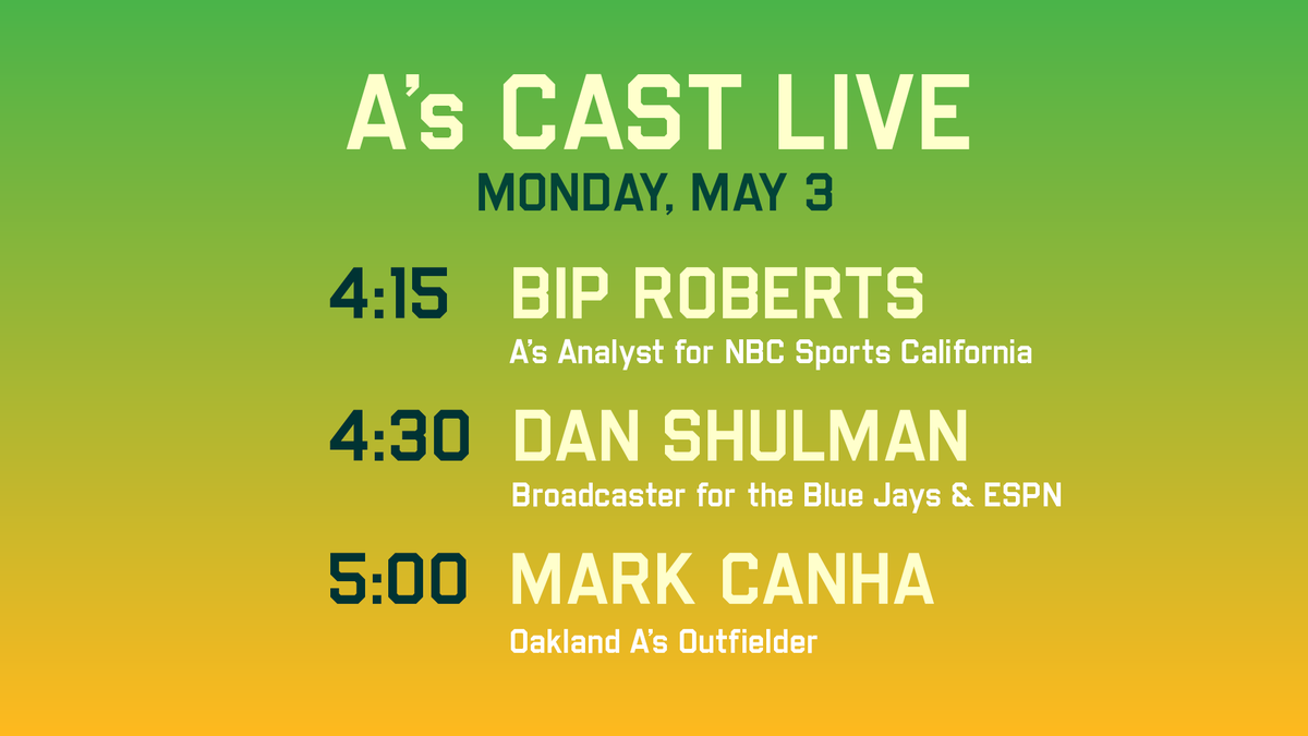 #AsCastLive will be streaming from 4-5:30pm w/ <a href="/townsendradio/">Chris Townsend</a> ahead of @athletics &amp; @Bluejays 

GUESTS:
Bip Roberts 4:15
@DShulman_ESPN 4:30
<a href="/outtadapakmark/">Mark Canha</a> 5:00

athletics.com/AsCast 📻