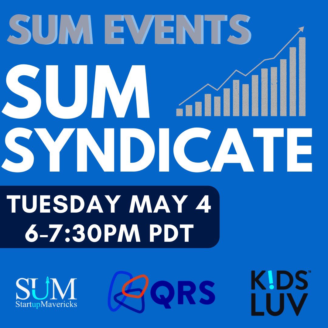 Tomorrow (6-7:30PM PDT) we are launching our monthly Startup Mavericks (SUM) Syndicate meeting. (Invite only)

This week, we will take a deep dive into Ashi Jelinek’s KidsLuv and Joe Camaratta’s Quantitative Radiology Solutions (QRS).
#VC #Syndicate #venturecapital #angelinvestor