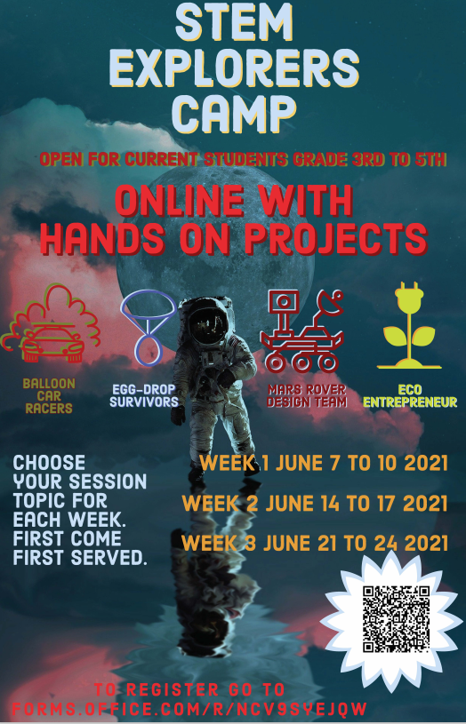 Check out this STEM Explorers Camp opportunity for grades 3-5! Register online using the link on the flyer or by scanning the QR code!
¡Vea esta oportunidad de STEM Explorers Camp para los grados 3-5! ¡Regístrese en línea usando el enlace en el folleto o escaneando el código QR!