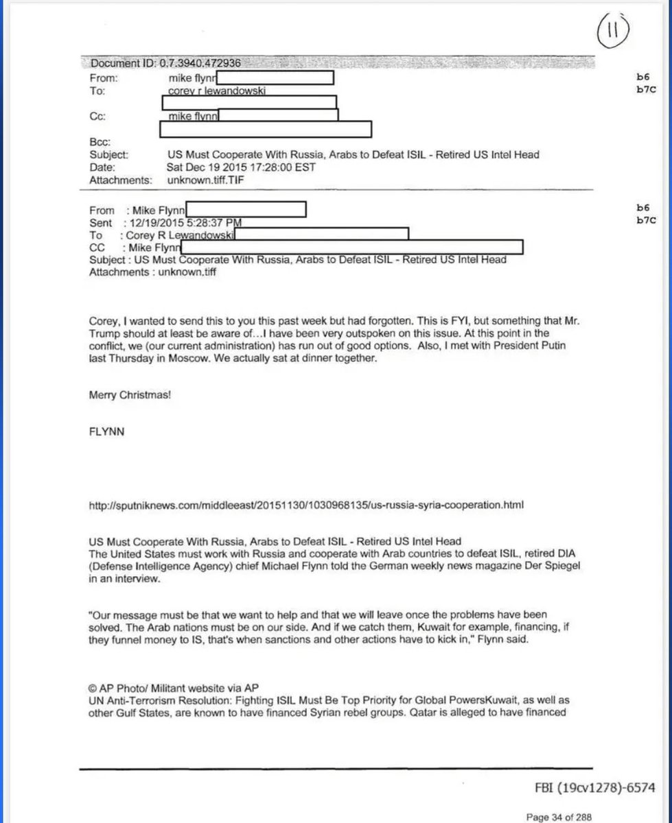 Michael Flynn email to Steve Bannon December 19, 2015 about steps that need to be taken to defeat ISI, which included engagement with Russia"Also, I met with President Putin last Thursday in Moscow. We actually sat at dinner together.” https://www.buzzfeednews.com/article/jasonleopold/flynn-bannon-manafort-private-emails-mueller