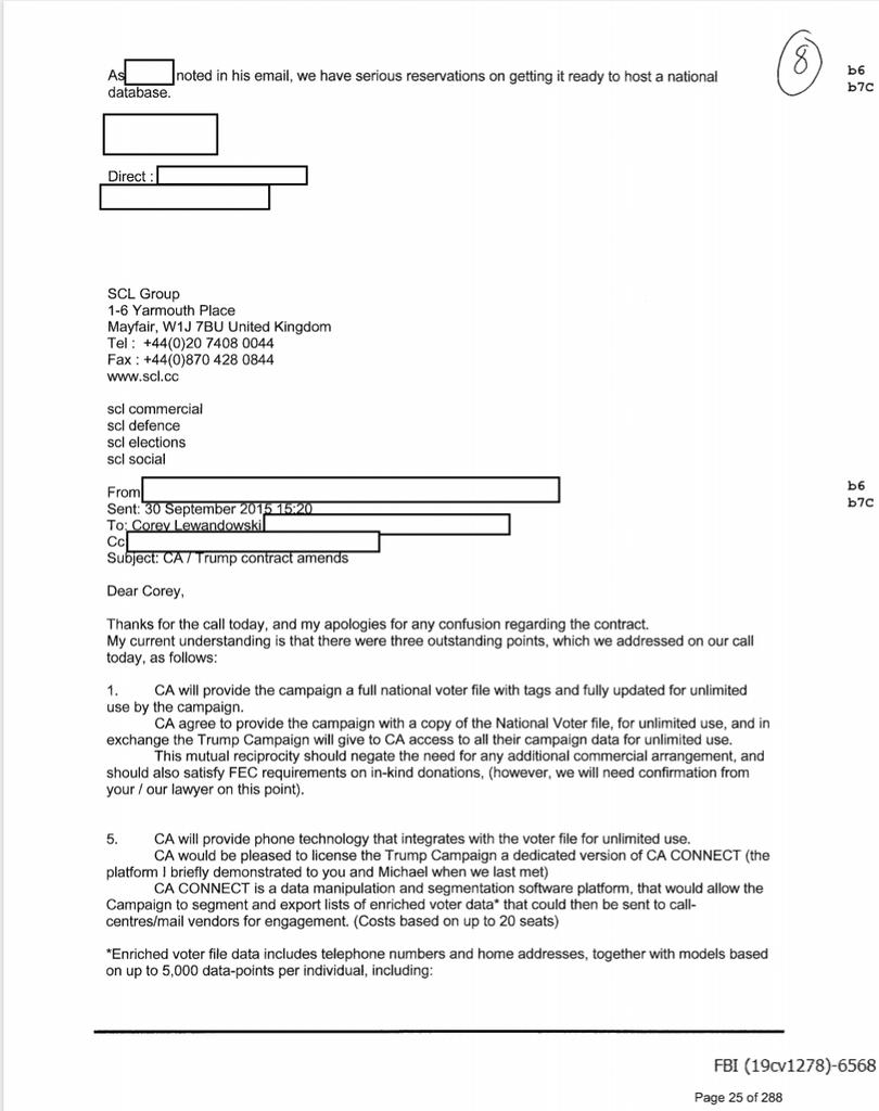 This is an email a person from Cambridge Analytica sent Corey Lewandowksi about entering into a contract with the Trump campaign https://www.buzzfeednews.com/article/jasonleopold/flynn-bannon-manafort-private-emails-mueller
