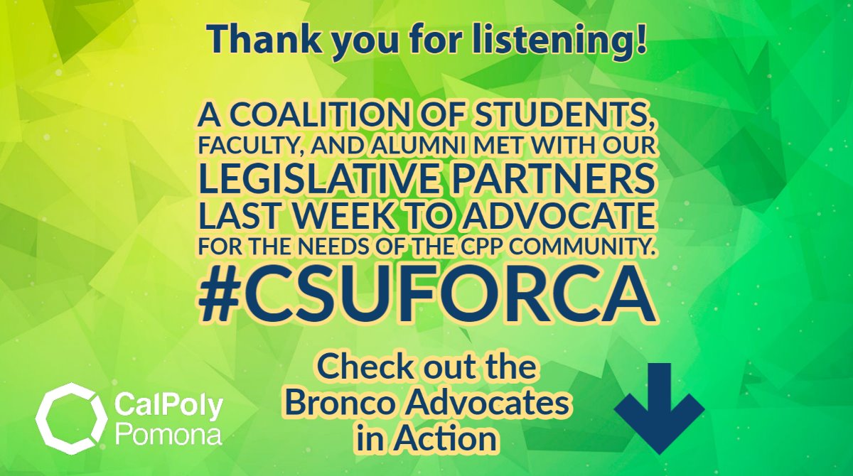 BroncoAdvocates's tweet image. A big thank you to the offices of @AsmBlancaRubio, @SenatorLeyva, @JoshNewmanCA, @AsmRodriguez52, and @PhillipChenCA for meeting with our Bronco Advocates last week!
#CSUforCA #cppalumni #MadeintheCSU