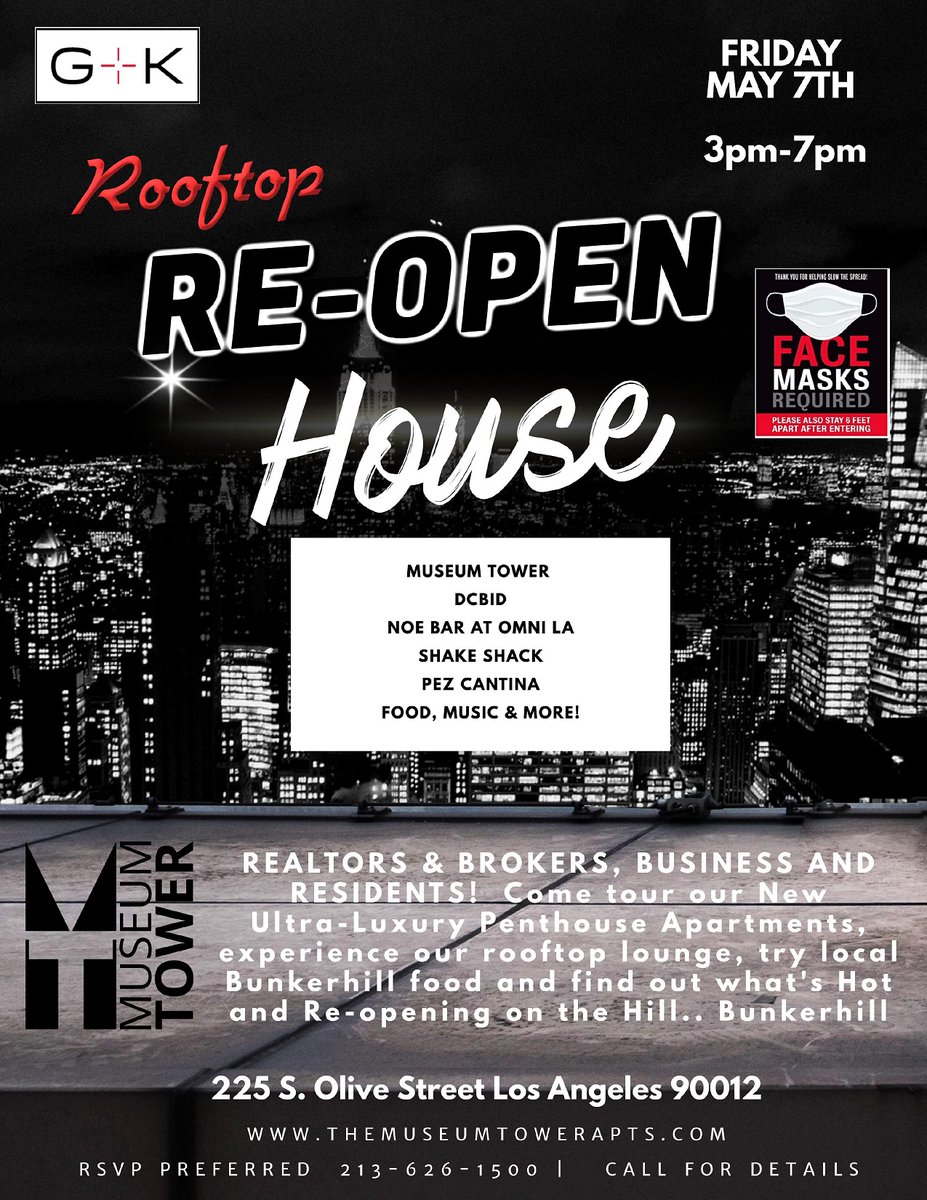 BROKERS and
AGENTS please check us out on the MLS!
CORPORATE, REALTORS and RESIDENTS
WELCOME! RSVP by calling our team at 213-626-1500
. Space is limited to maintain COVID social distancing
standards. MASKS are required. https://t.co/eug8nfPMTH
