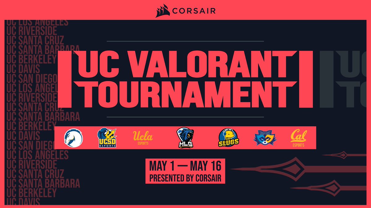 📢We are excited to announce our next tournament: UC VALORANT Spring Invitational sponsored by <a href="/CORSAIR/">CORSAIR</a>! 

7 UC VALORANT teams will go toe-to-toe for CORSAIR peripherals!

Watch the playoffs on 5/15 &amp; 5/16 at 12PM PST on twitch.tv/ucsb_esports!