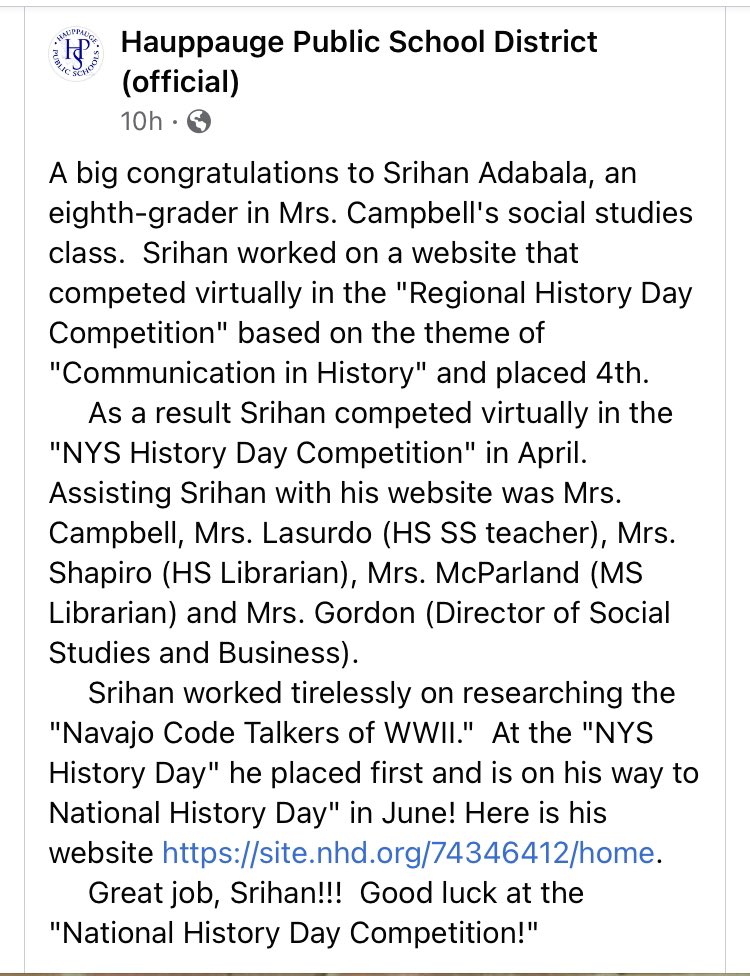 Our son #SrihanAdabala write ups on school FB and Twitter accounts on his recent achievement in #NationalHistoryDay competition