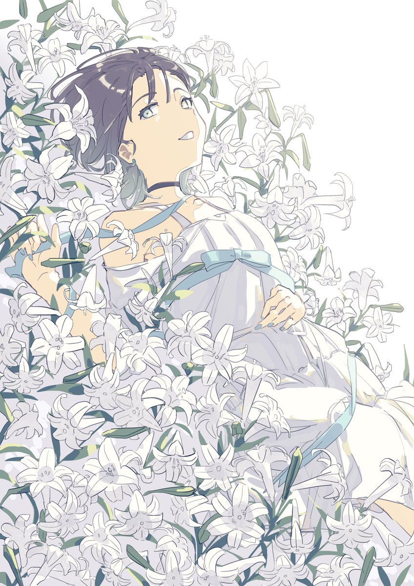 asakura toru 1girl flower dress solo lying on back white dress  illustration images