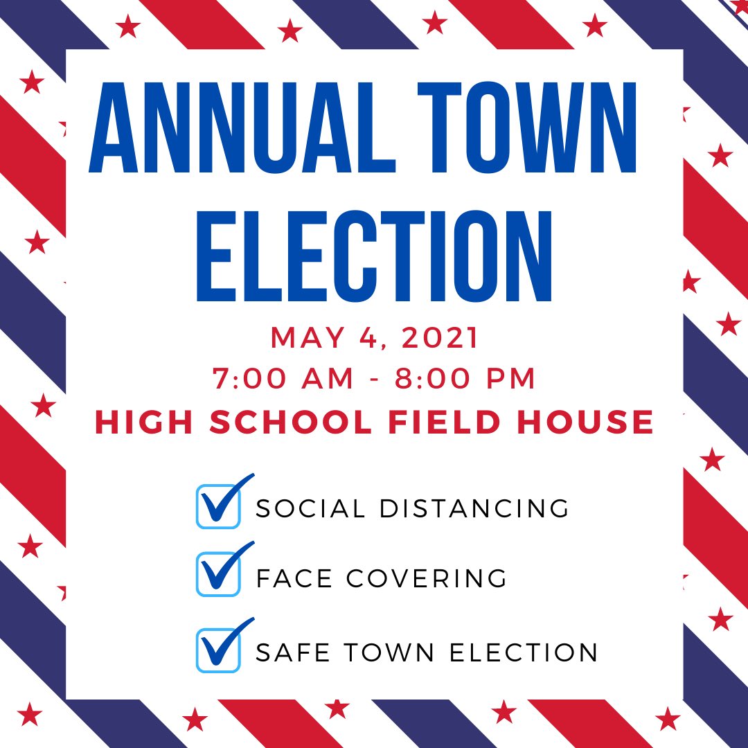 Tomorrow is the Annual Town Election. To allow for social distancing, in person voting will take place at the High School Field House from 7AM to 8PM. All voters must wear a mask. Hand sanitizer use is encouraged before and after voting. 

#danversma #annualtownelection https://t.co/gsTwkPEJOE