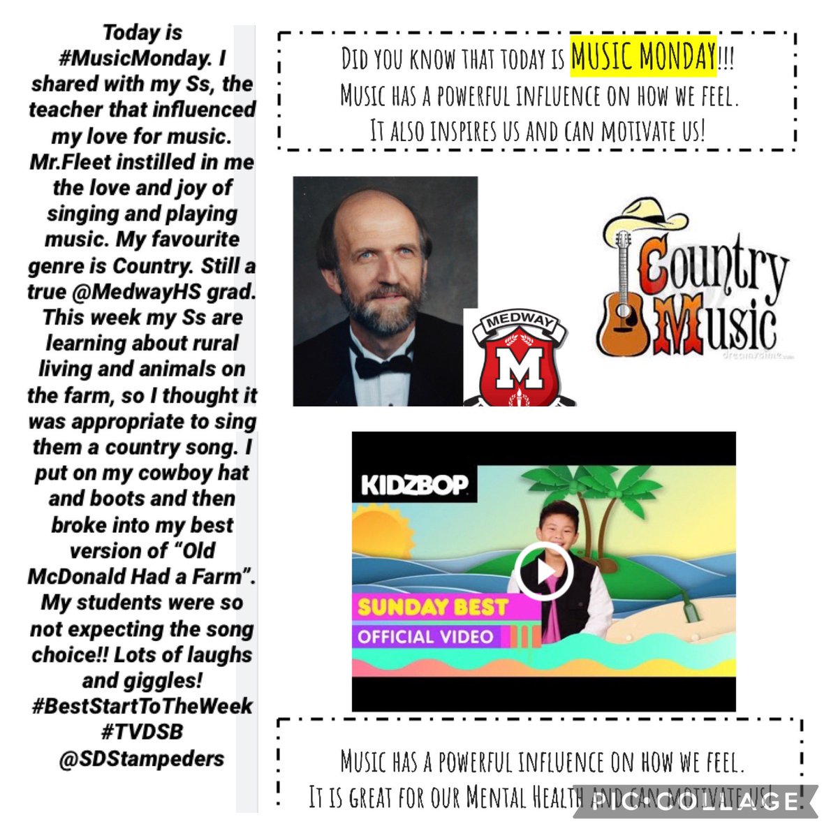 MrsWakem's tweet photo. Today is #MusicMonday. Music can inspire & motivate us and help us with our Mental Health. Everyone needs a little bit of music, light & laughter in their life. #TheArts @TVDSB @SDStampeders @MedwayHS #BestStartToTheWeek https://t.co/nb0p2URe3t