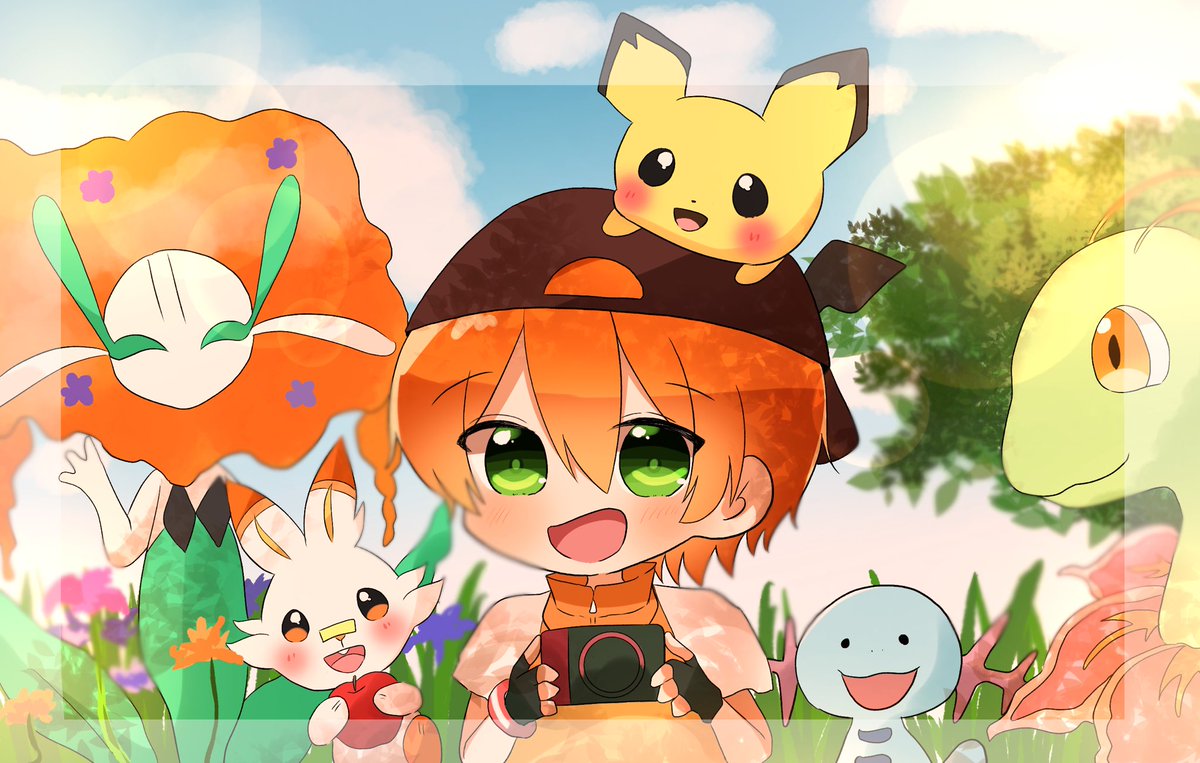 scorbunny pokemon (creature) orange hair pokemon on head green eyes holding smile open mouth  illustration images
