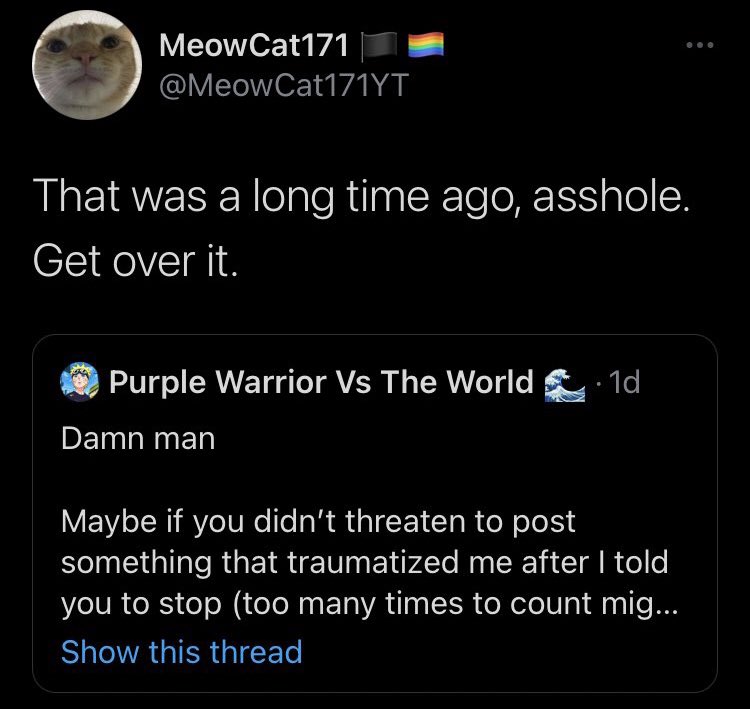 Aight nah dawg, Purple and I have had enough of you and your bullshit. He’s tried talking to you in private about this multiple times and you still try to look like the victimYou’ve literally admitted right here to threatening to post about shit that traumatized him. You can-  https://twitter.com/MeowCat171YT/status/1389010002619293698