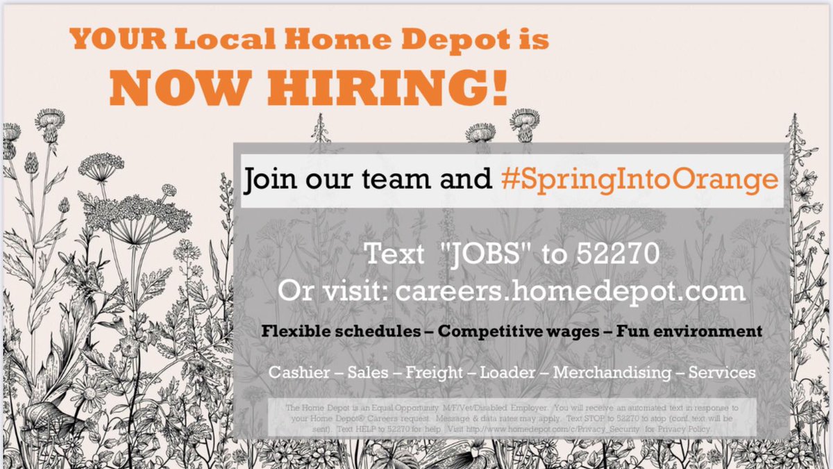 David Slack (@dw_slack) on Twitter photo Once again, WE’RE HIRING! Check out the Home Depot in your neck of the woods and #SpringIntoOrange!
<a href="/HiteSallyA/">Sally Ann Hite</a> <a href="/DreherDerrick/">Derrick Dreher</a> <a href="/scadoy34/">smoody</a> <a href="/_JaredThompson/">_JaredThompson</a> <a href="/Paul_Haitsch/">Paul Haitsch</a> <a href="/Andrew4Meyer/">Andrew Meyer</a> <a href="/DaveMusen/">Dave Musen</a> <a href="/OVHRMae/">Mae Jimison</a> <a href="/THDKristonOV/">Kriston A McMichael</a> @HRJohnH Once again, WE’RE HIRING! Check out the Home Depot in your neck of the woods and #SpringIntoOrange!
<a href="/HiteSallyA/">Sally Ann Hite</a> <a href="/DreherDerrick/">Derrick Dreher</a> <a href="/scadoy34/">smoody</a> <a href="/_JaredThompson/">_JaredThompson</a> <a href="/Paul_Haitsch/">Paul Haitsch</a> <a href="/Andrew4Meyer/">Andrew Meyer</a> <a href="/DaveMusen/">Dave Musen</a> <a href="/OVHRMae/">Mae Jimison</a> <a href="/THDKristonOV/">Kriston A McMichael</a> @HRJohnH