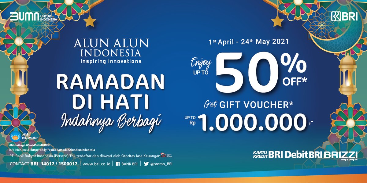 Sobat BRI,
Nikmati promo special get shopping voucher sampai dengan Rp 1 juta di Alun-Alun Indonesia dengan menggunakan Kartu BRI dan BRIZZI.

Info lebih lanjut klik: bit.ly/PromoRamadanAl…
#promobri #debitbri #kartukreditbri #BRIZZI #alunalunindonesia