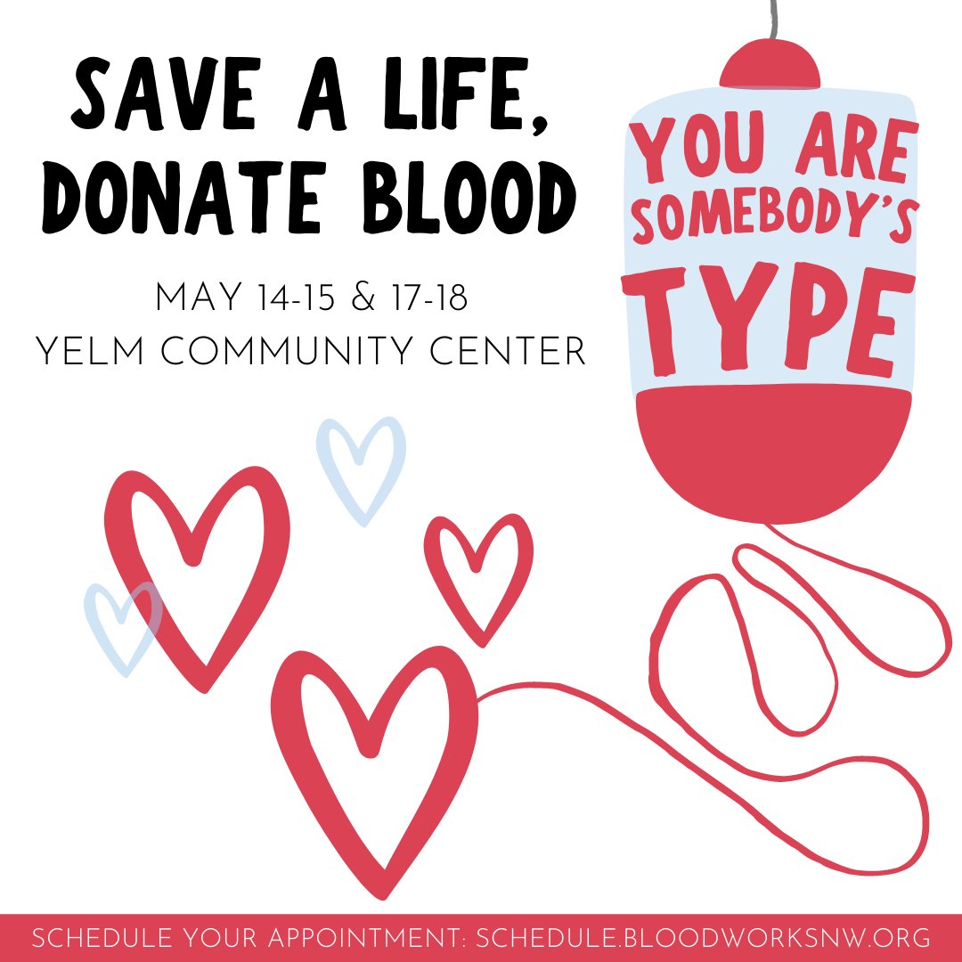 Blood Works Northwest has partnered with the YHS Sports Medicine Program and the City of Yelm to host a pop-up blood drive May 14, 15, 17, and 18 at the Yelm Community Center. 

Schedule your appointment! schedule.bloodworksnw.org/DonorPortal/Gr…