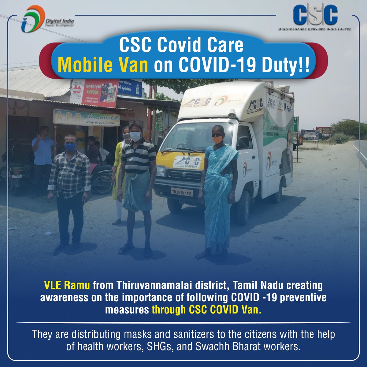 CSCegov_'s tweet photo. VLE Ramu from Thiruvannamalai district, #TamilNadu creating awareness on the importance of COVID -19 preventive measures and distributing masks &amp; sanitizers through the CSC COVID Care Mobile Van.

#Unite2FightCorona #CSCfightCovid #CSCCovidVan #COVID19India https://t.co/1A7U4OMNZY