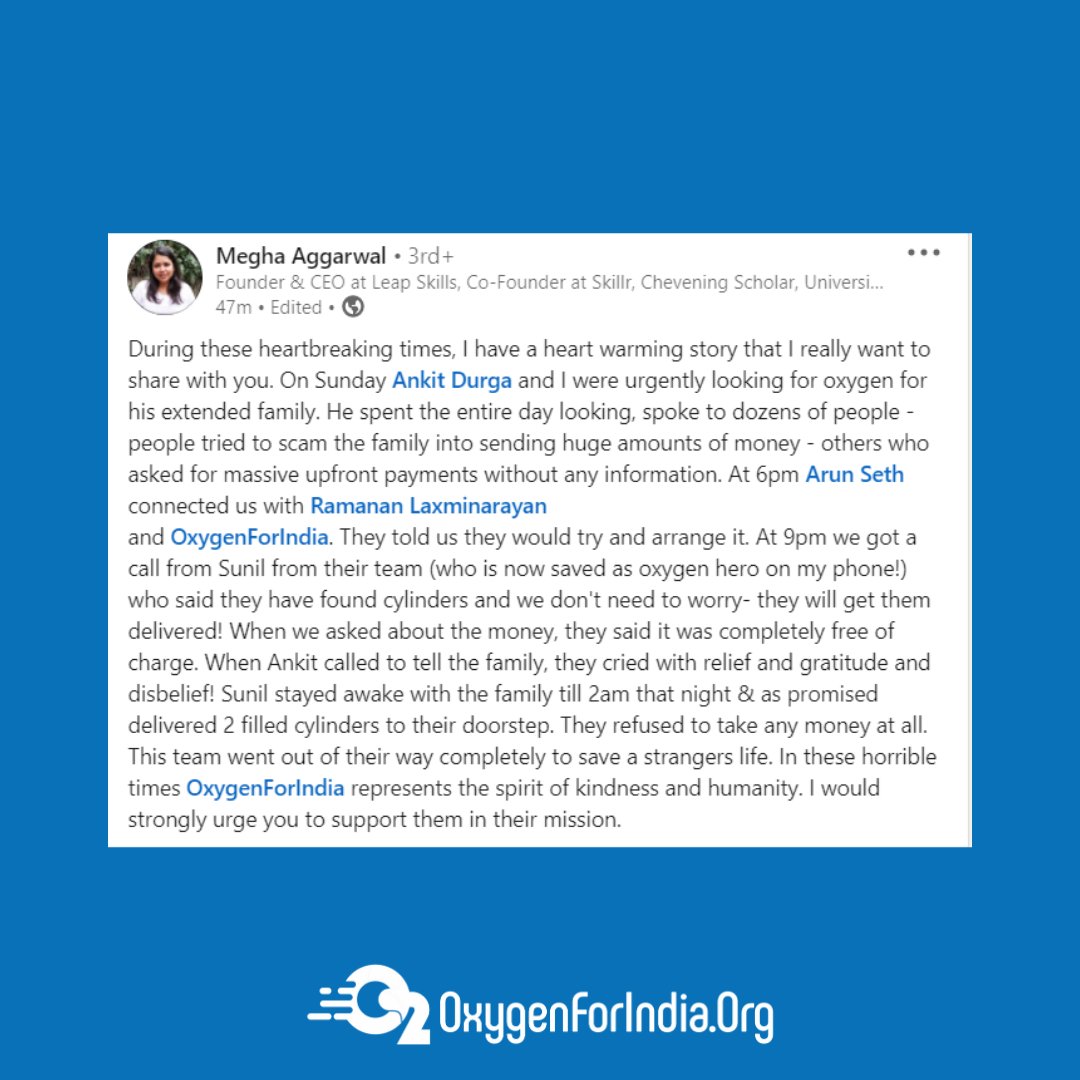Glad we were able to assist Megha Aggarwal &amp; her family during this difficult time. Thank you for your kind words. 
linkedin.com/posts/megha-ag…

#COVID19 #Oxygen #healthcare #pandemic #India #COVIDTsunami #SecondWave #OxygenForIndia