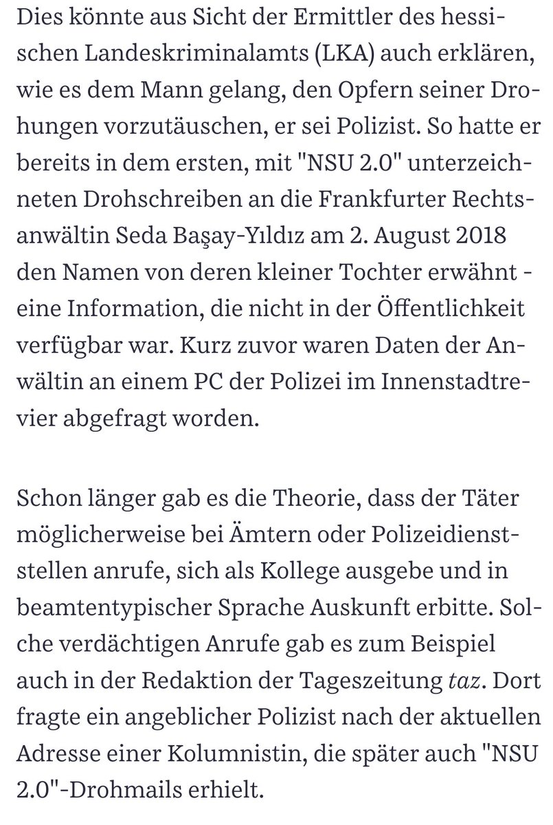 Ok, der Spin soll ernsthaft sein, dass ein random Nazi aus Berlin in 'beamtentypischer Sprache' beim 1. Revier in Frankfurt anruft um sensible Daten abzufragen und diese ohne Probleme bekommt. Das ist absolut lächerlich.

#NSU20