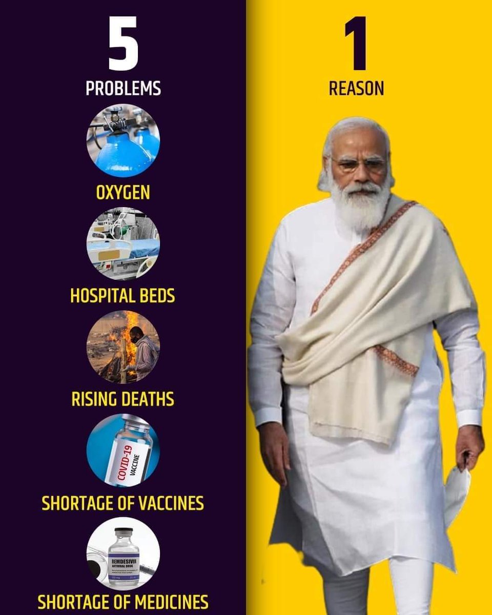 One reason (Modi) &amp; five problem👇
1. Oxygen
2. Hospital beds
3. Rising Deaths
4. Shortage of Medicines
5. Shortage of Vaccines

Failed Prime Misiter Narendra Modi #WhereAreVaccines ????