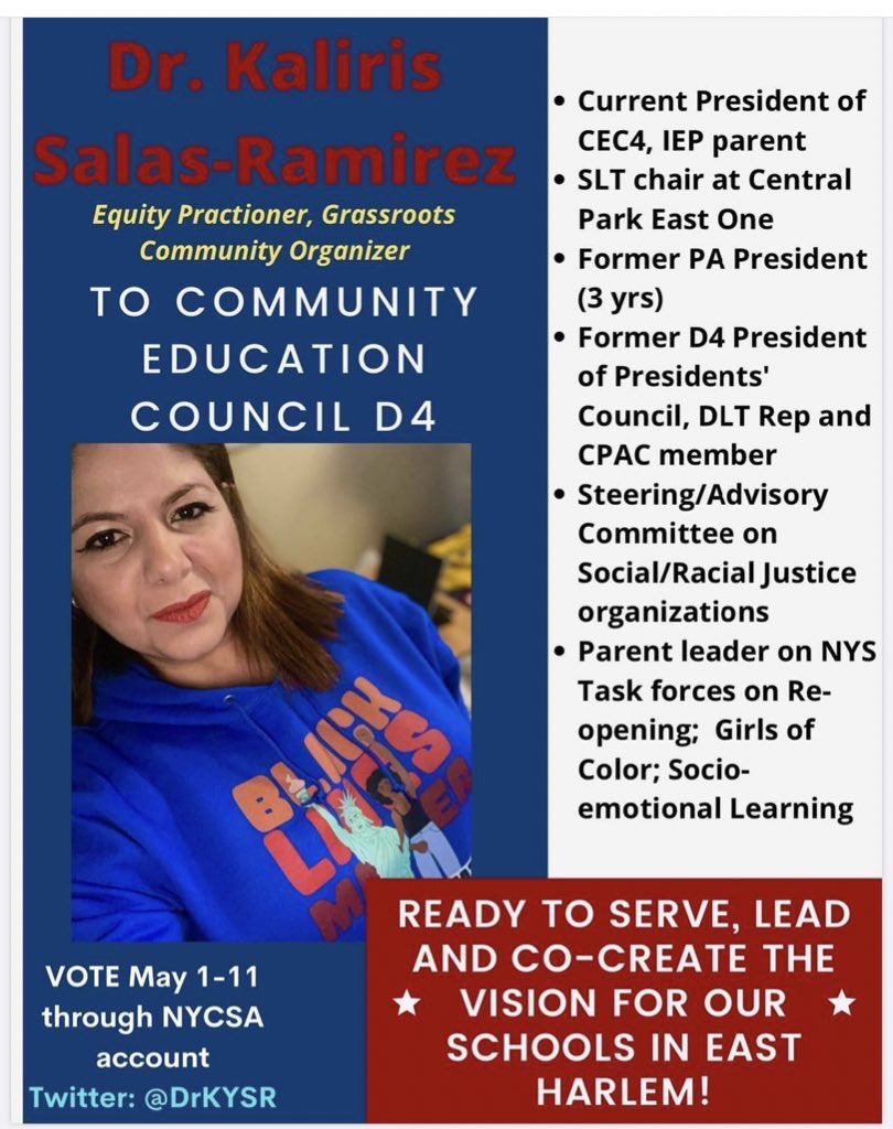 ItsShidaB's tweet photo. Community School District 4 East Harlem

Vote for Dr. Kaliris Salas-Ramirez for D4 CEC.  

https://t.co/KvtAf5xGWx

#CEC #CommunityEducationCouncil #EastHarlem #CSD4 https://t.co/uqbcrlAqUF