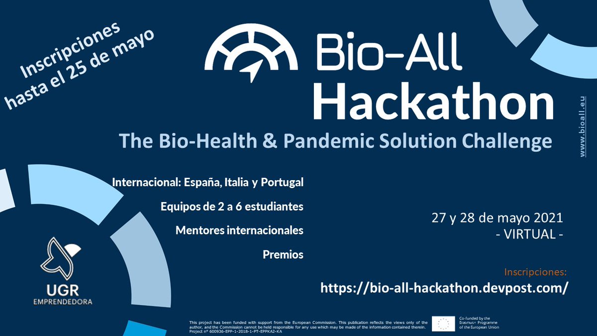 ⚠ ¡Reservad la fecha! 👇

✔ #HACKATHON <a href="/BioAllGearbox/">Bio-All</a> 
📅 27 y 28 de mayo
💡 Retos en #BioSalud y #Pandemias
🌐 Estudiantes de grado y posgrado de 🇪🇸🇮🇹🇵🇹
🏆 Premios para participantes de <a href="/CanalUGR/">Universidad Granada</a> gracias a <a href="/UGRemprendedora/">UGR emprendedora</a> 
 
Info e inscripciones: bio-all-hackathon.devpost.com