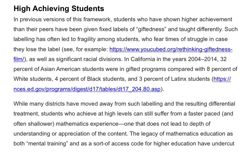 Why does CA DOE want to eliminate “gifted programs” for “high achieving students”?Here’s what they say:“In California in 2004-2014, 32% of Asian American students were in gifted programs, compared with 8% of White students, 4% of Black students, and 3% of Latinx students”