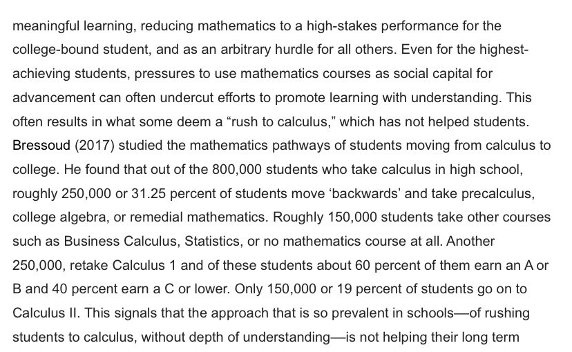 California’s DOE justifies eliminating calculus for high schoolers because “only” 19% of high school calculus students end up taking math classes beyond calculus in college.But how many high school AP English Literature students end up taking advanced literature in college?