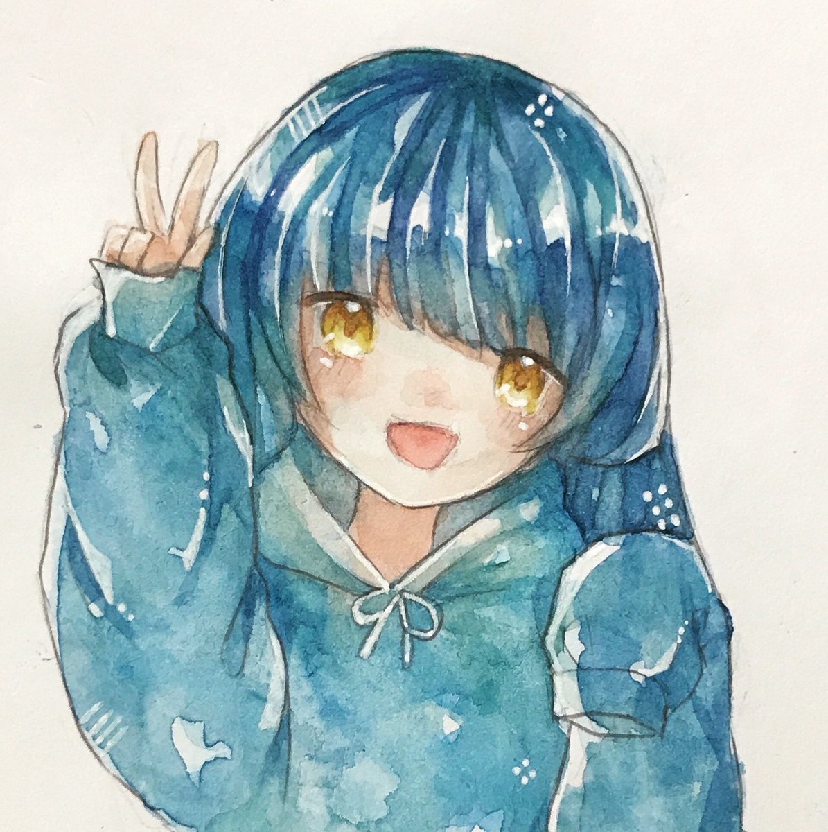 焼きトリ イラスト垢 透明感のある女の子 水彩塗り初めて挑戦 イラスト かわいい 水彩画 水彩 アナログイラスト 絵描きさんと繋がりたい Gw