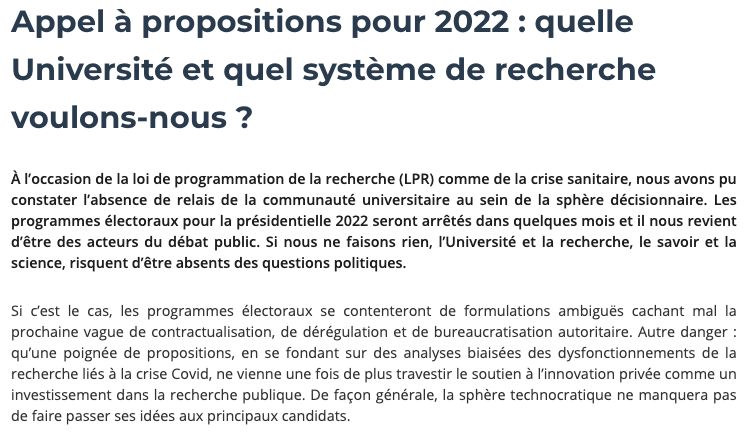 Appel à propositions pour 2022 : quelle Université et quel système de recherche voulons-nous ? rogueesr.fr/20210503/