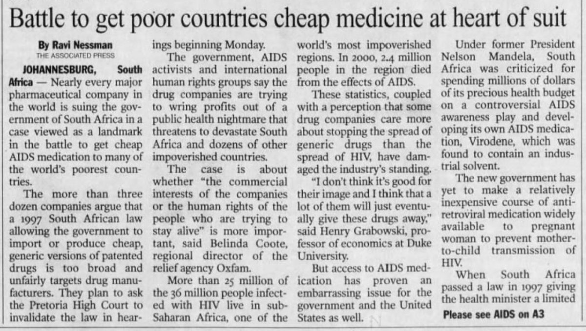 what's noteworthy is how little Big Pharma's talking points have changed. When 39 drugmakers sued South Africa in 1998 for manufacturing unsanctioned generic AIDS drugs, they, like today, argued IP was a non sequitur and that the real issue was capacity in poor countries.