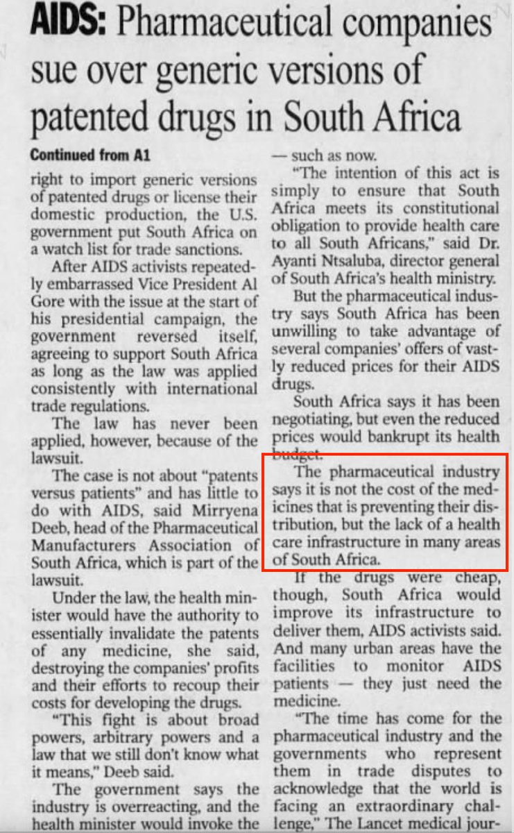 what's noteworthy is how little Big Pharma's talking points have changed. When 39 drugmakers sued South Africa in 1998 for manufacturing unsanctioned generic AIDS drugs, they, like today, argued IP was a non sequitur and that the real issue was capacity in poor countries.