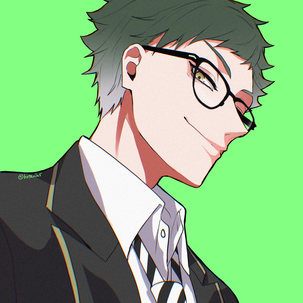 1boy male focus solo glasses necktie green background shirt  illustration images