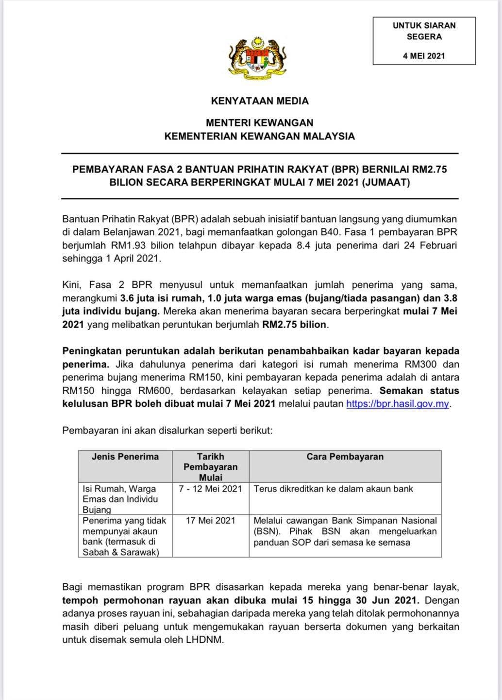 Bernama Tv On Twitter Pembayaran Fasa 2 Bantuan Prihatin Rakyat Bpr Bernilai Rm2 75 Bilion Secara Berperingkat Mulai 7 Mei 2021 Jumaat Https T Co Zvkjftmgue Twitter