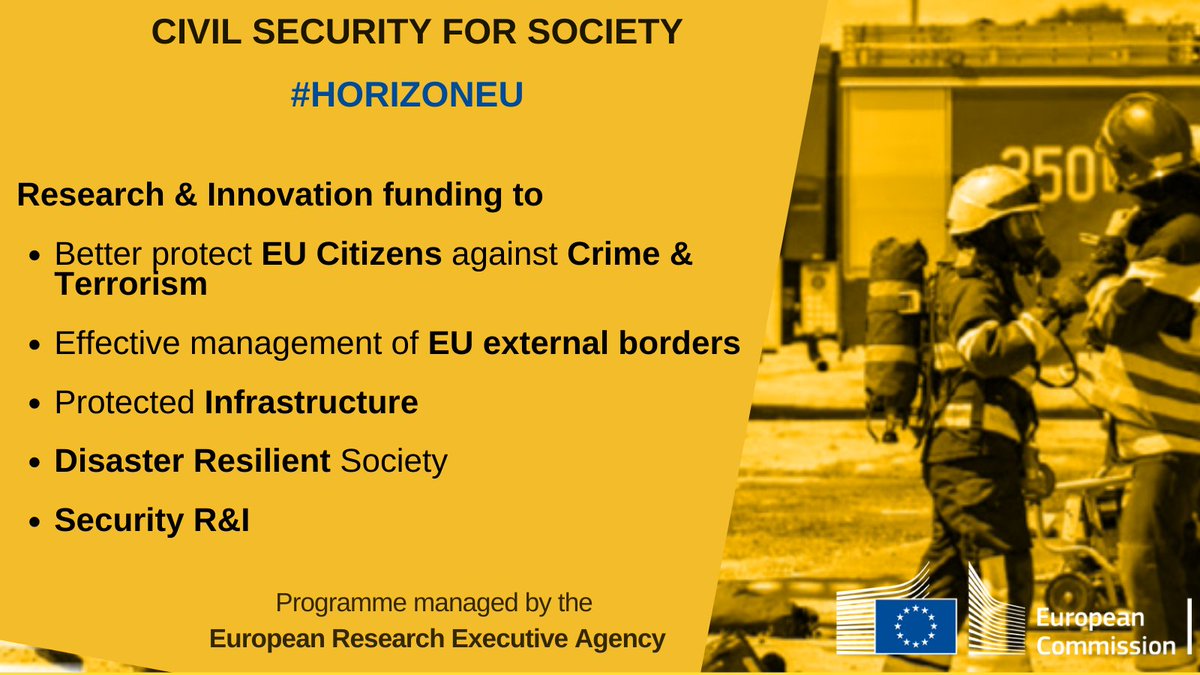 Creating a safe & #secure society with #HorizonEU! At @REA_research we support groundbreaking #research to better👇 ⚠️protect from natural/man-made disasters 🚨fight crime & terrorism 🇪🇺 manage EU borders 🏗️make infrastructure resilient ➡️europa.eu/!Ch79FU #weareREAdy