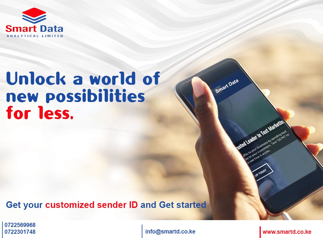 smartdata_ltd's tweet image. Send #personalized #SMS using a uniquely branded #Sender #ID. For as low as 0.30 Cents. Across all Mobile Networks. Test the quality and request a Demo account now. Visit smartd.co.ke. Contact us by email: info@smartd.co.ke
Call/Text/ Whatsapp 0722569968 / 0722301748