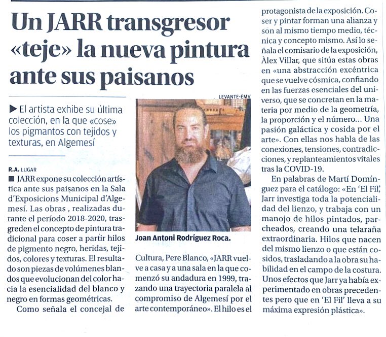 Hoy en <a href="/levante_emv/">Levante-EMV</a> <a href="/jarrWeb/">Joan Ant. Rodríguez</a> 

Visita la #exposición #ElFil en @expos_artgemesi hasta el 28 de #mayo comisariado <a href="/Avillarto/">Alex Villar</a>. 

🎥🎶 @lacruzconcept 
#prensa #nilcomunicacion <a href="/joseplozanoVLC/">Josep Lozano</a> 
📸 <a href="/Ovazquezchambo/">Óscar Vázquez Chambó</a>