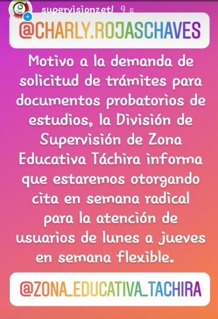 #Tachira estimados usuarios, nuestro sistema de citas programadas para solicitud de trámites para documentos probatorios de estudios apertura solo en semana radical y la atención de usuarios será de lunes a jueves en semana flexible. @ZonaEducTachira <a href="/charlychaves/">Charly Rojas Chaves</a>