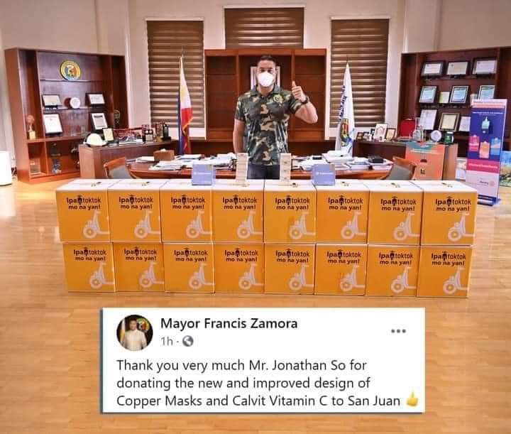 c_calvit's tweet photo. Donation of Copper Mask and Calvit C Vitamins from JC delivered by Toktok Delivery service received by Mayor Francis Zamora of San Juan City. Stay safe everyone... Godbless! 👌💛

#KeepHelping
#KeepSharing
#JCCares
#CopperMaskPh
#CalvitC
#toktok https://t.co/EYi9Gcs6gC