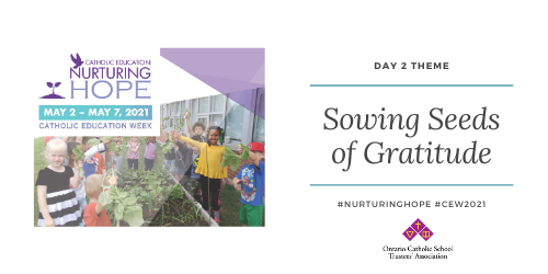 Day 2 Theme of Catholic Education Week: Sowing Seeds of Gratitude - "Once we have prepared the earth for planting, we select which seeds we will sow.  This year we will sow seeds of gratitude." - CEW resources - more here: goodnewsforall.ca #CEW2021 #NurturingHope