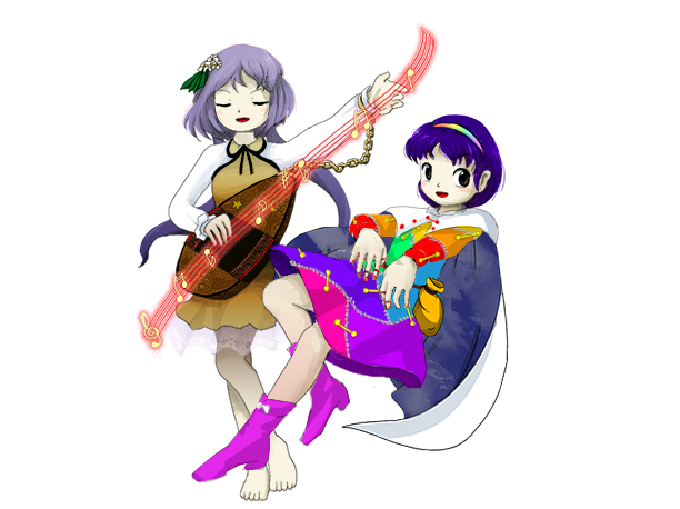 tenkyuu chimata ,tsukumo benben multiple girls 2girls purple hair instrument dress short hair lute (instrument)  illustration images