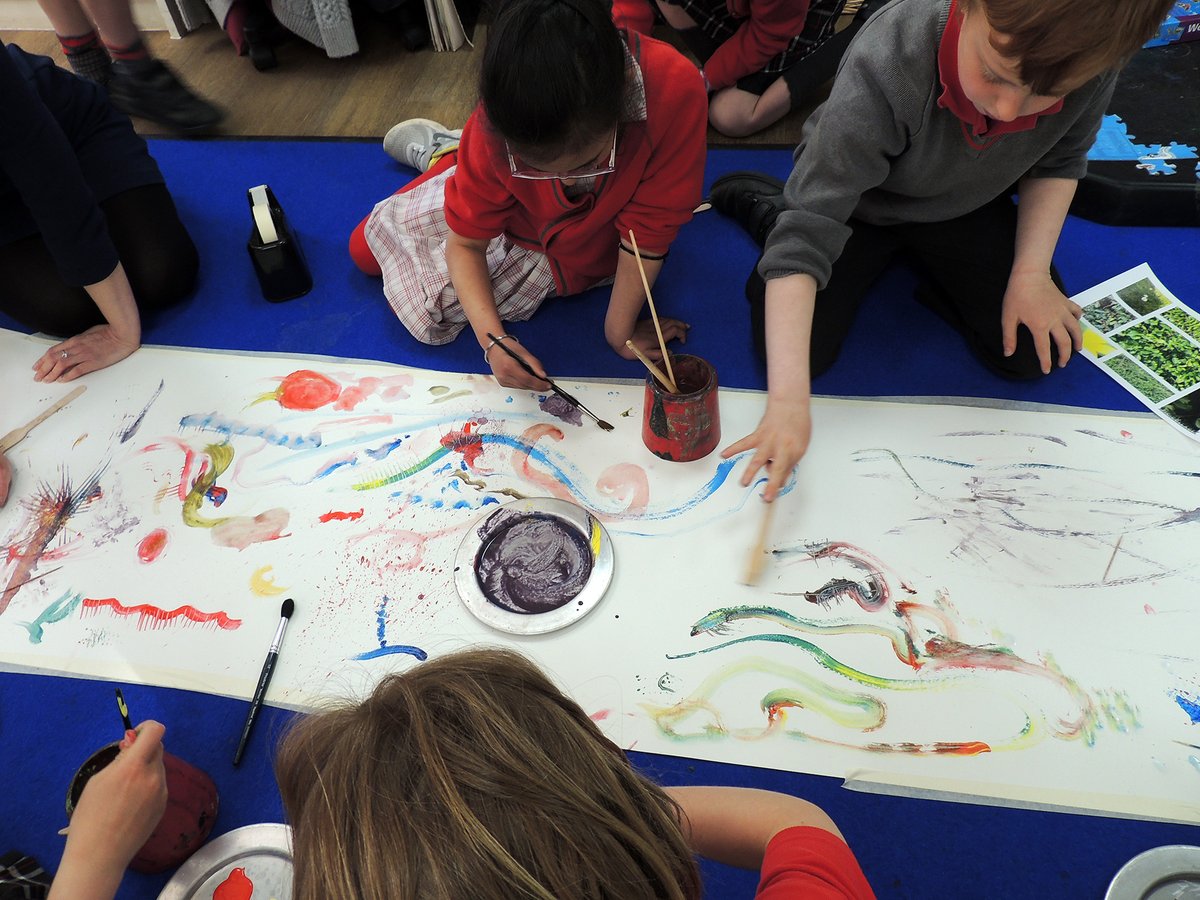 SJCS_Cambridge's tweet photo. T2W's umbrella painting - comparing the opacity of paint to cellophane with lots of discovery about light, shadow &amp; colour &amp; the terms opaque, transparent and translucent. The class loved reading ‘Swatch – The Girl who Tamed Colours’ by @JuliaDraw &amp; they spend the day exploring. https://t.co/zznEaKLVM0