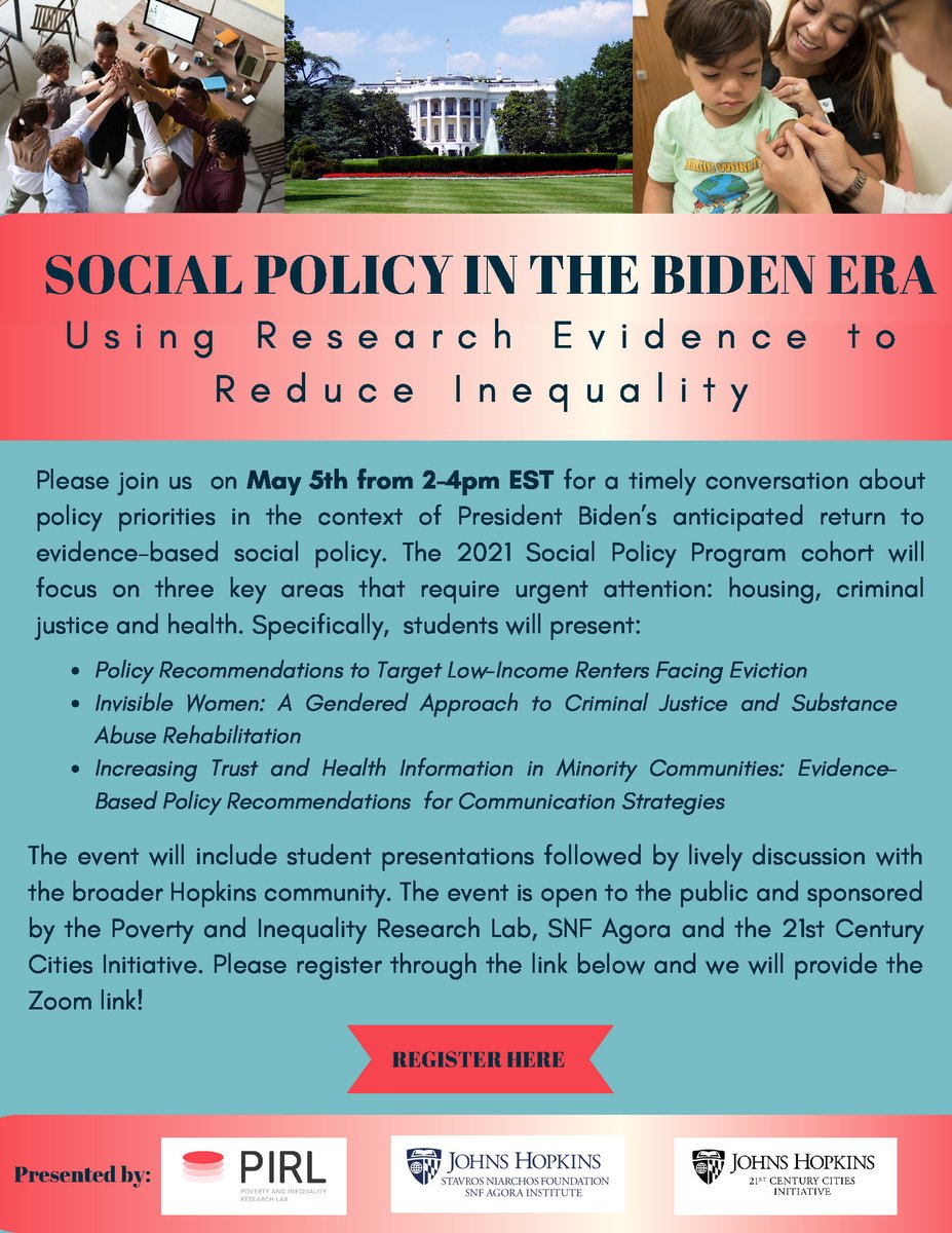 SNF Agora Institute at Johns Hopkins University (@snfagora) on Twitter photo JHU Students: Join PIRL, <a href="/JHU_Cities/">21st Century Cities</a>, and #SNFAgora for “Social Policy in the Biden Era.” <a href="/JohnsHopkins/">Johns Hopkins University</a> students will present on U.S. social policy (ex. housing, health) under the Biden administration. <a href="/Stefanie_DeLuca/">Stefanie DeLuca</a>
May 5, 2-4 p.m ET
Register: bit.ly/bidensocialpol… JHU Students: Join PIRL, <a href="/JHU_Cities/">21st Century Cities</a>, and #SNFAgora for “Social Policy in the Biden Era.” <a href="/JohnsHopkins/">Johns Hopkins University</a> students will present on U.S. social policy (ex. housing, health) under the Biden administration. <a href="/Stefanie_DeLuca/">Stefanie DeLuca</a>
May 5, 2-4 p.m ET
Register: bit.ly/bidensocialpol…