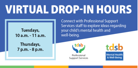 Parents and Caregivers, do you have questions about your child or teen's mental health or well-being?  If so, <a href="/tdsb/">Toronto District School Board</a> Professional Support Services staff will be online TODAY from 10-11am.  Link here: tdsb.on.ca/In-Person-Lear…