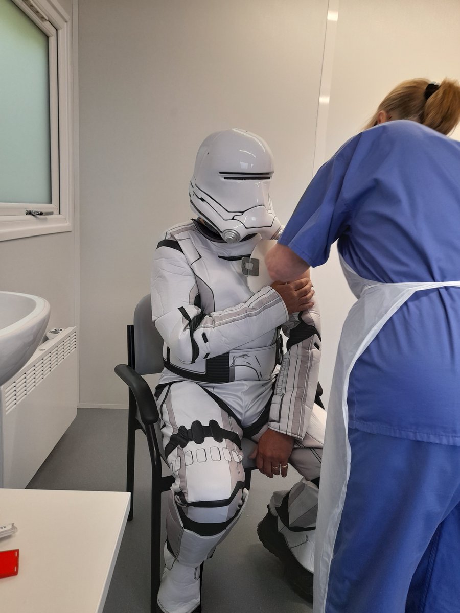 May the (White) Horse be with you! A Stormtrooper paid a surprise visit today to the White Horse Health Centre from a distant galaxy (Westbury Leigh) to receive their second Covid-19 vaccine dose. He said, 'We will defeat the evil Covid empire!' #StarWarsDay #MayThe4thBeWithYou