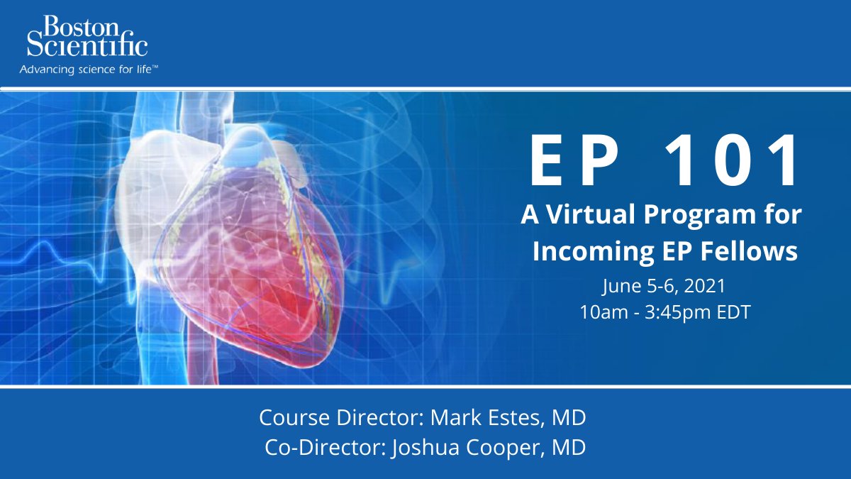 We’re looking forward to virtually bringing #EP101 to EP fellows on June 5-6. Course directors Dr. Mark Estes and <a href="/narrowQRS/">JMC</a> will be leading a comprehensive educational program for fellows. Register here: bddy.me/3ejgb9b #MedEd #CardioEd #EPeeps
