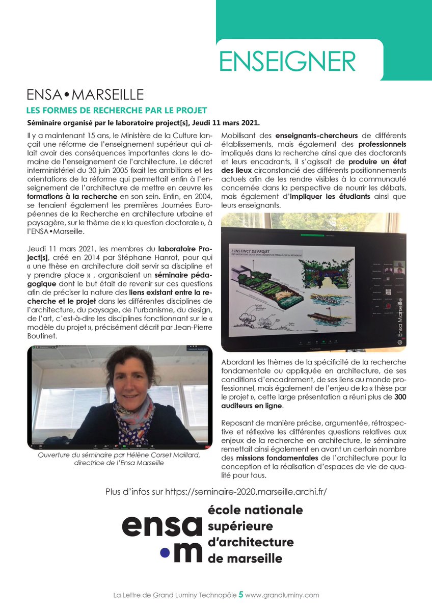 📰 La Lettre 105 de Grand Luminy / Rubrique #Enseignementsup 🎓 : zoom sur l'article d'<a href="/EnsaMarseille/">ensa•marseille</a>