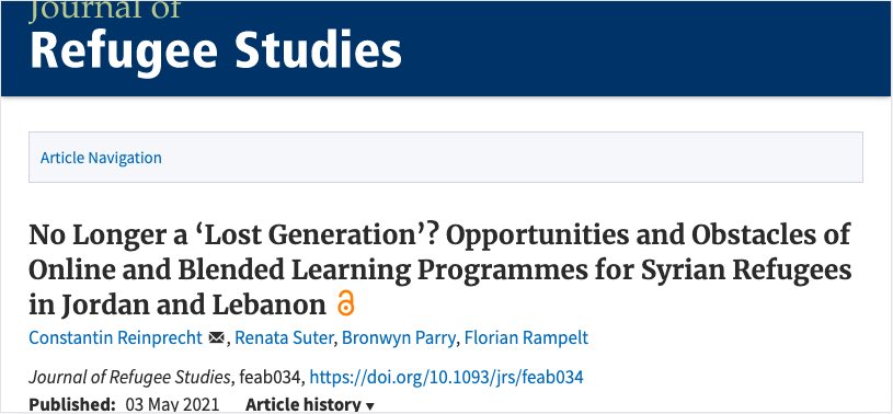 No Longer a ‘Lost Generation’? Our article on opportunities and obstacles of #onlinelearning for Syrian #refugees in #MENA has been published in the Journal of Refugee Studies @OxfordJournals! 🎉

Free access here 👉 bit.ly/3egWiiP

#HigherEducation4refugees #PADILEIA