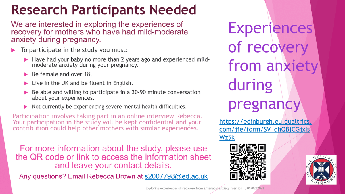 I’m hoping to speak to mothers who experienced anxiety during their pregnancy about their experiences of recovery. For more info, click on this link or use the QR code in the poster below: edinburgh.eu.qualtrics.com/jfe/form/SV_dh…
#journeytorecovery #myjourneytorecovery #antenatalanxiety #mmhaw21