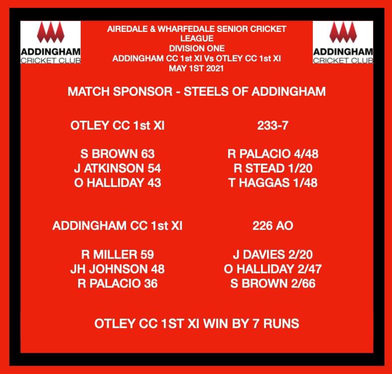 AddinghamCC's tweet image. Weekend results from our 1st and 2nd team fixtures. Brilliant win from our 2nd XI. Unlucky to our 1sts who ran Otley close. Onto next week 👊 🏏🔴⚫️🔴⚫️🏏
